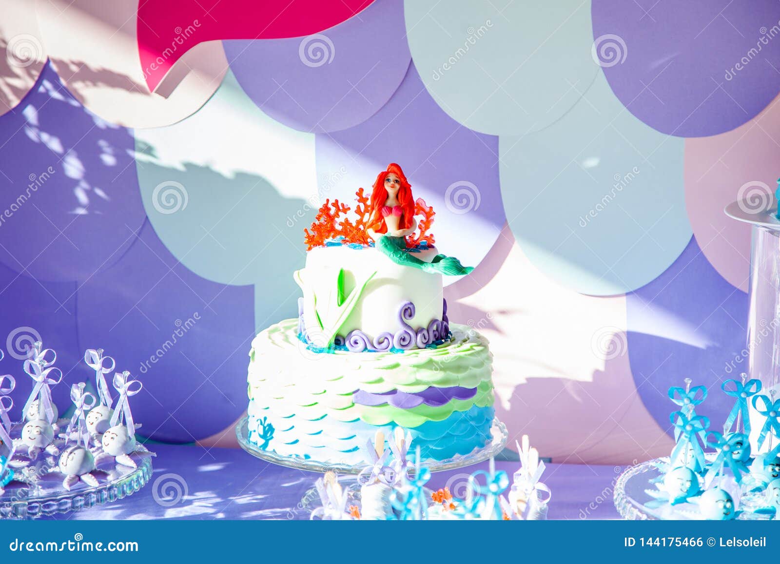 Sea Time Mermaid Theme on the Party`s Candy Bar with Purple Background. Birthday  Party for Girls, Teens Stock Photo - Image of life, cooking: 144175466