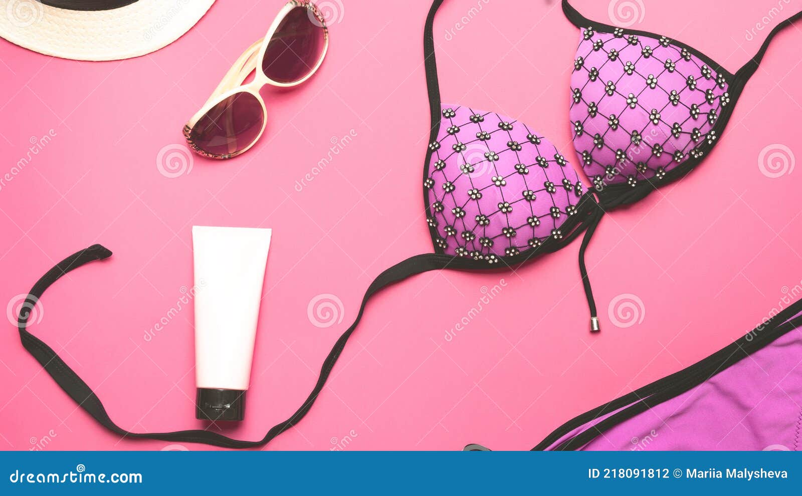 Sea Travel Accessories Colorful Bikini and Accessories Stock Photo