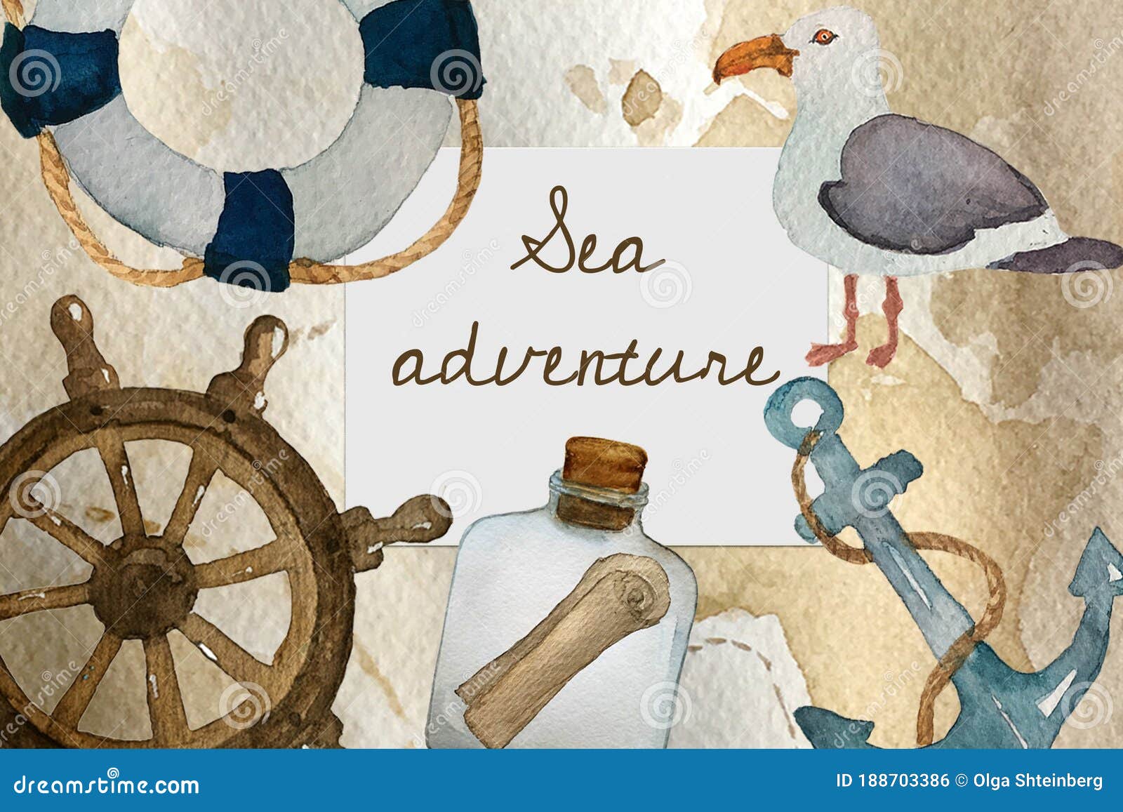 sea travel adventure watercolor poster  for summer vacation or children party game, retro hand drawn