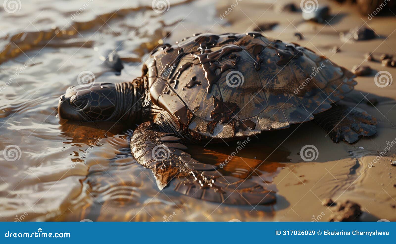 a sea turtle, covered in oil, lies on the beach with its head in the water. ocean pollution, the impact of oil spills on marine