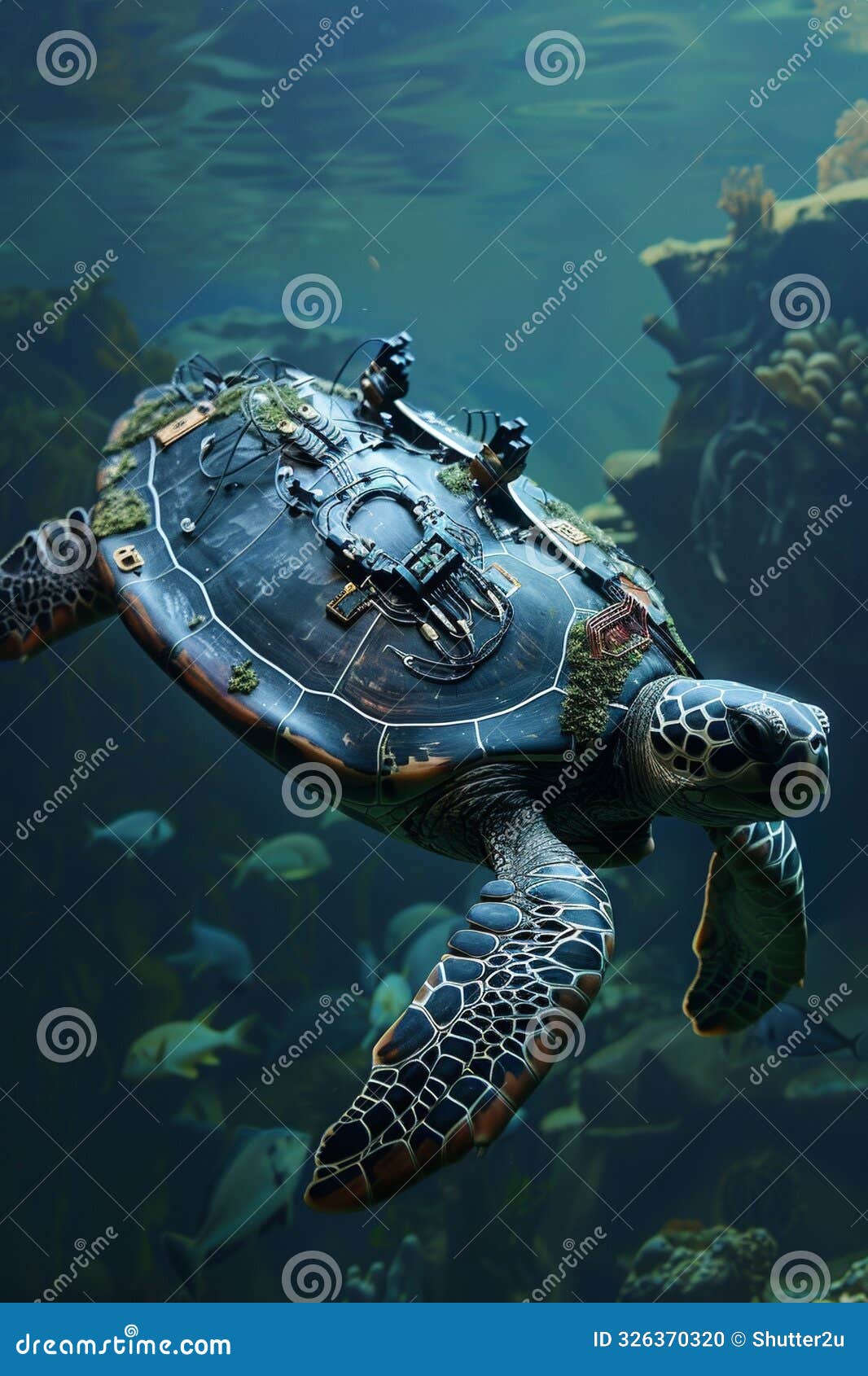 a sea turtle with cybernetic enhancements from a mayan civilization showcasing brain computer interfaces in robotics