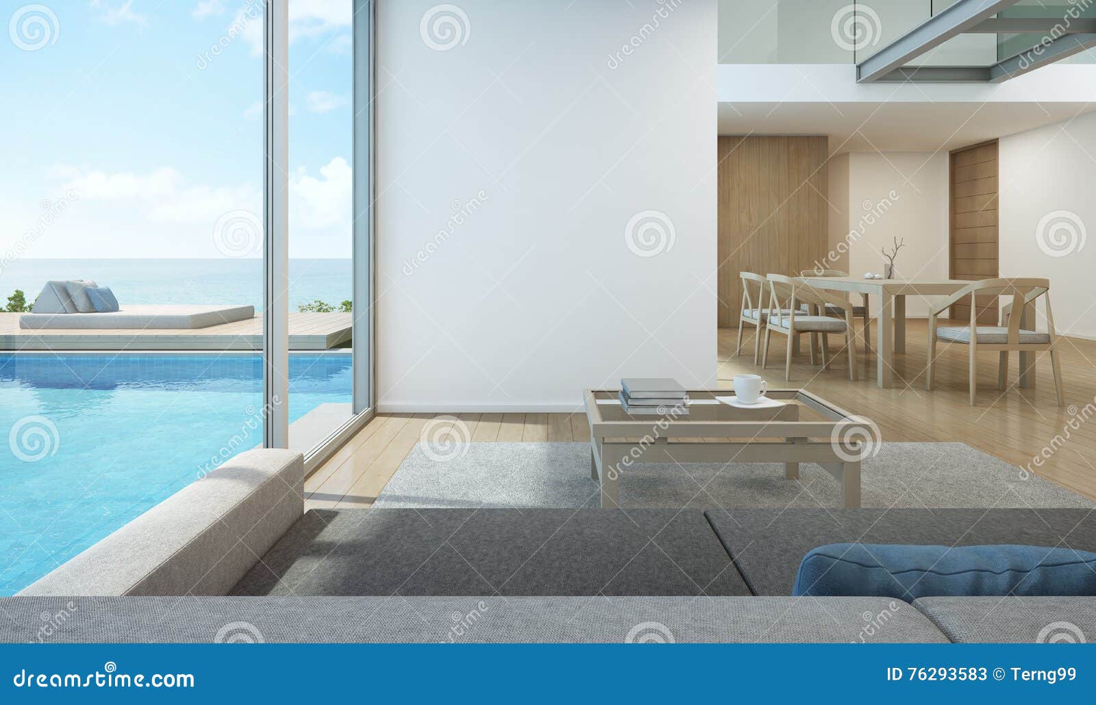 sea view living room and dining room in modern pool house