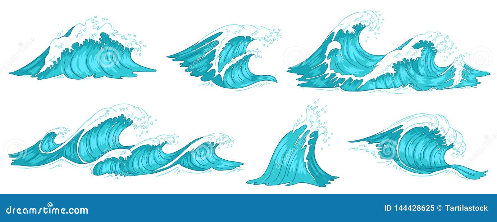sea wave. vintage ocean waves, blue water tide and tidal wave hand drawn   set