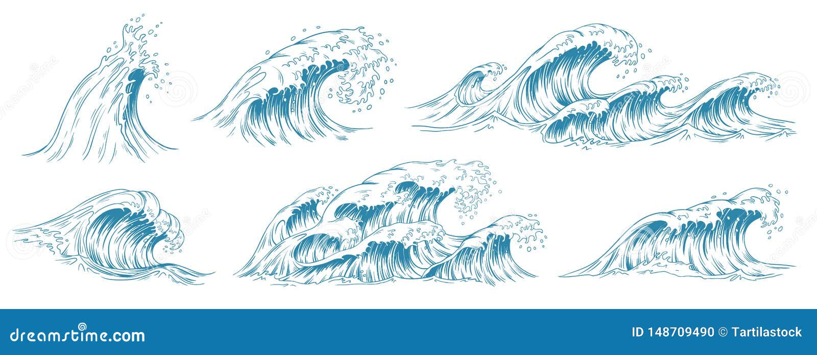 sea waves sketch. storm wave, vintage tide and ocean beach storms hand drawn   set