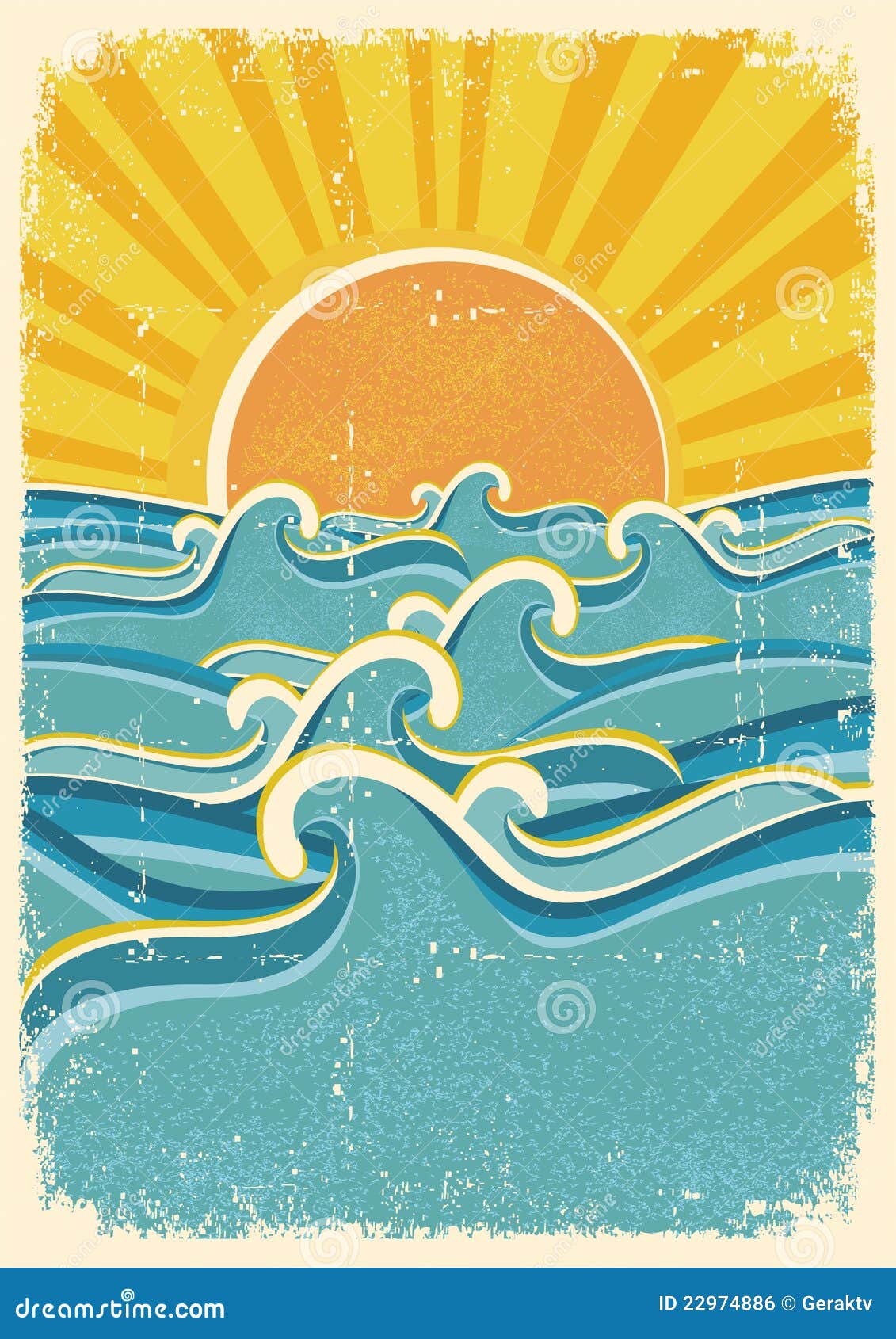Sea waves and yellow sun stock vector. Illustration of surfing 22974886