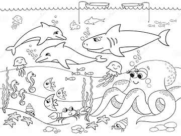 Seabed with Marine Animals. Vector Coloring for Kids, Cartoon Stock ...