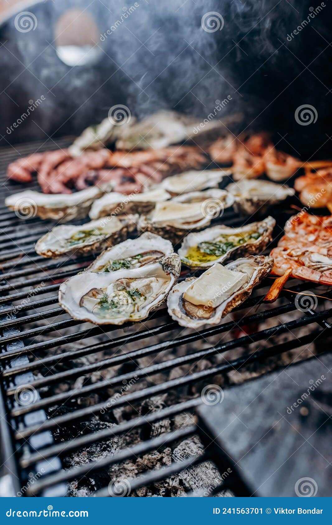 Seafood BBQ Barbecue. Collection of Octopus, Oysters, Clam, Tiger