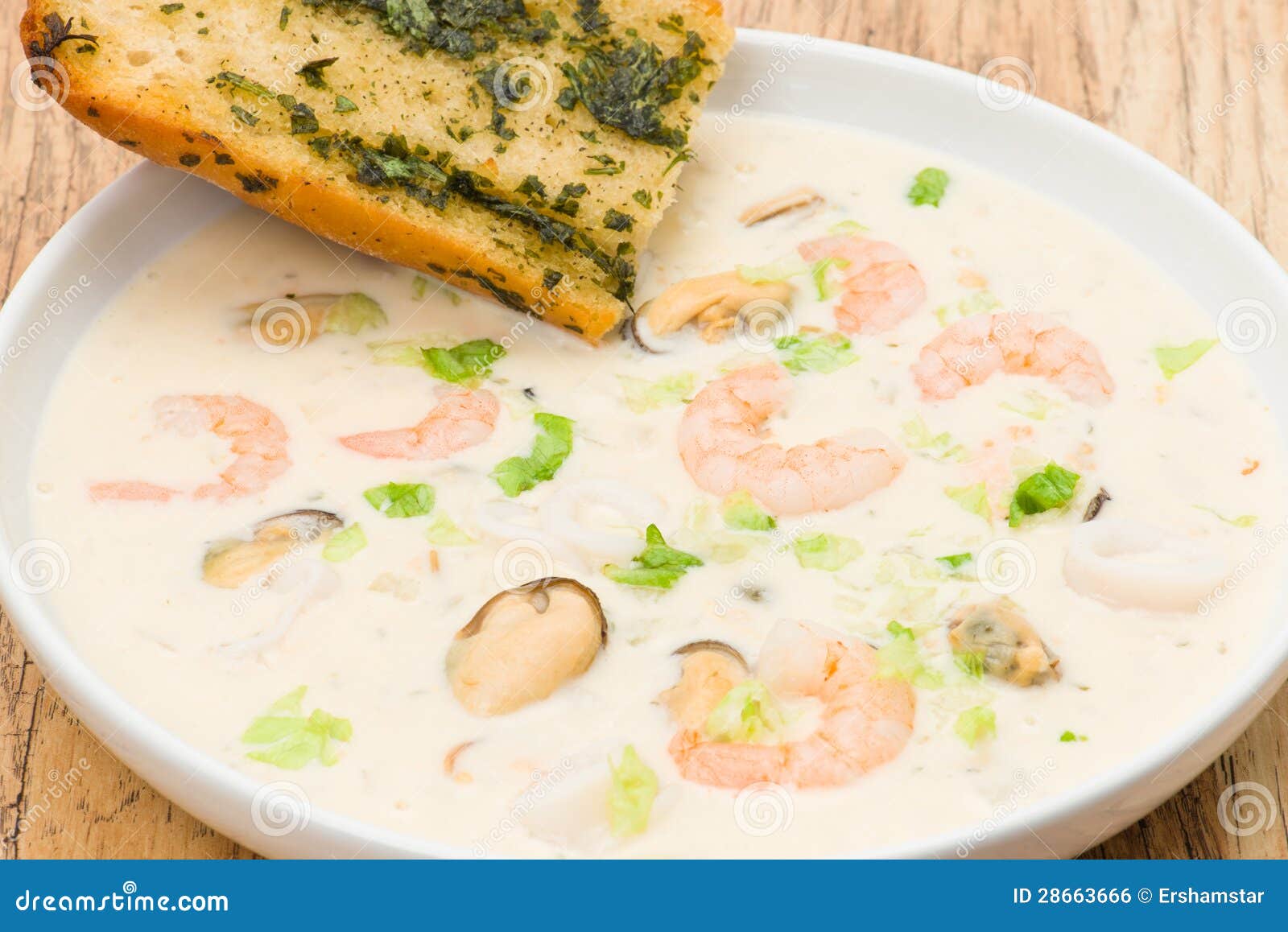 Seafood Chowder and Garlic Bread Stock Photo Image of mussel, cooked