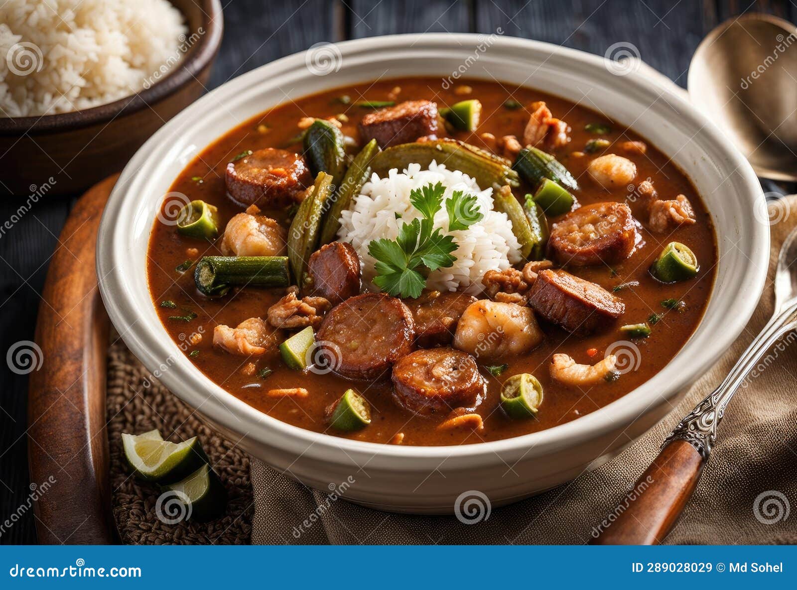 A Seafood Gumbo with Okra, Sausage, Rice, and Cajun Spices Stock ...