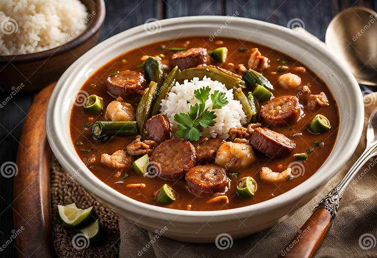A Seafood Gumbo with Okra, Sausage, Rice, and Cajun Spices Stock ...