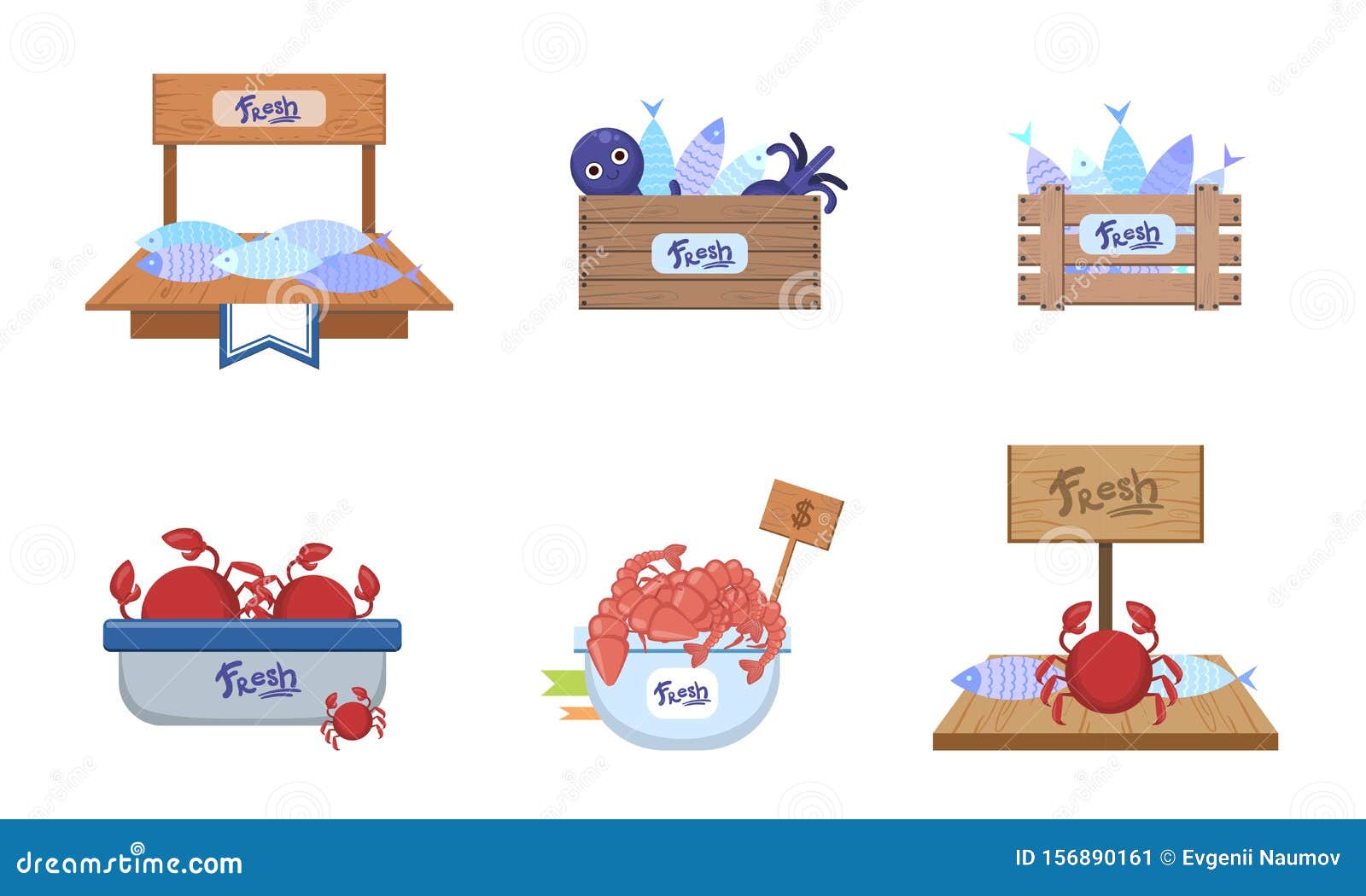 Download Seafood Market Design Elements Set, Freshness Fish And Sea Products On Counters Vector ...
