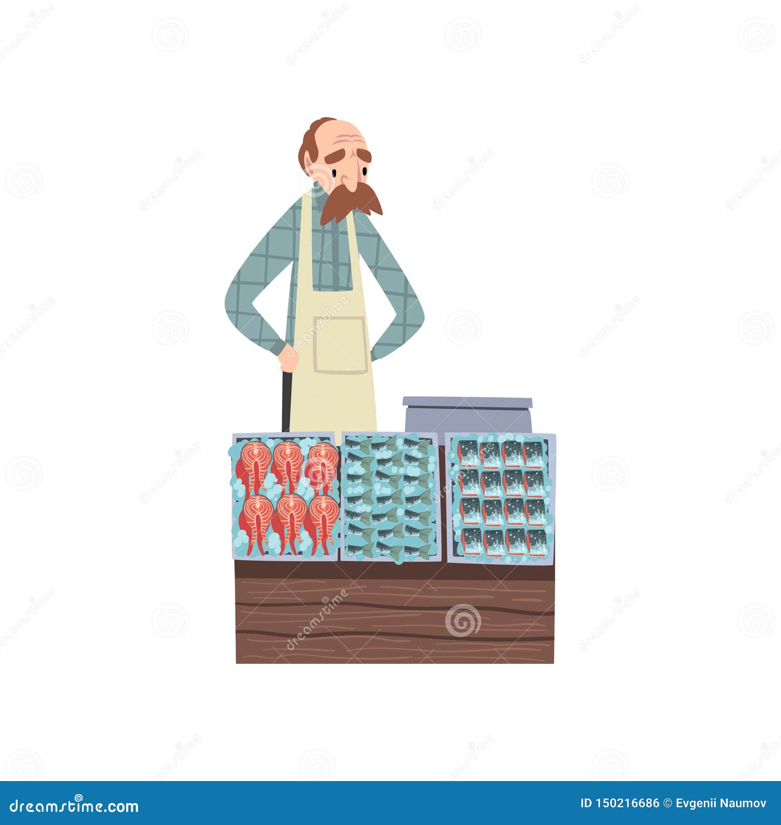 Download Seafood Market With Freshness Fish On Counter And Male Seller Vector Illustration Stock Vector ...