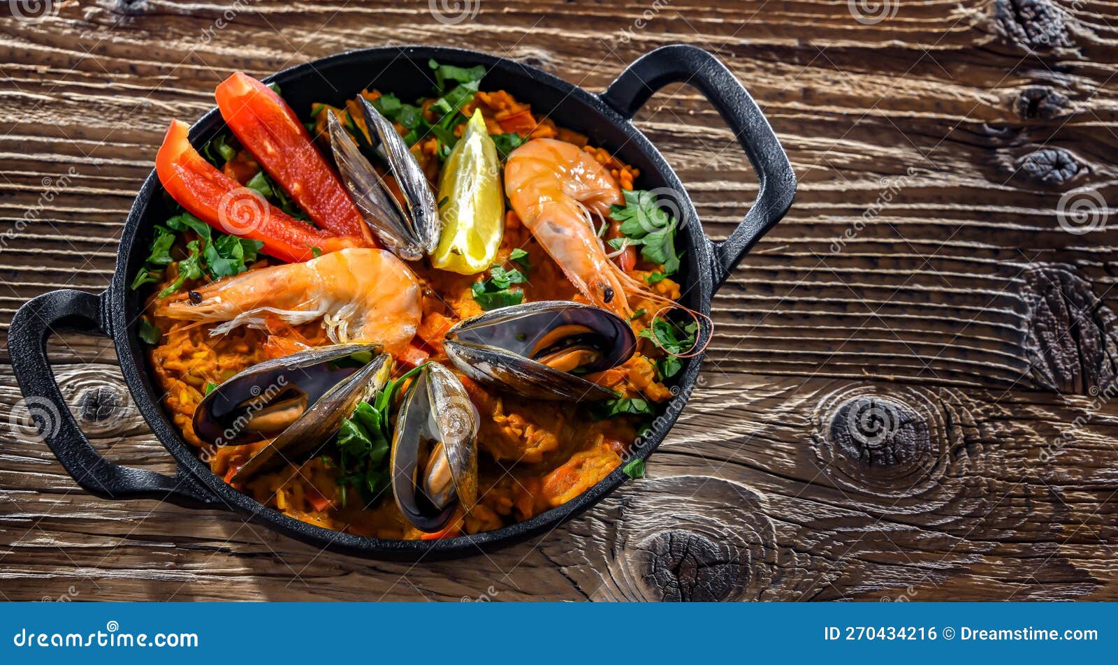 Seafood Paella Served in a Cast Iron Pan Stock Photo Image of