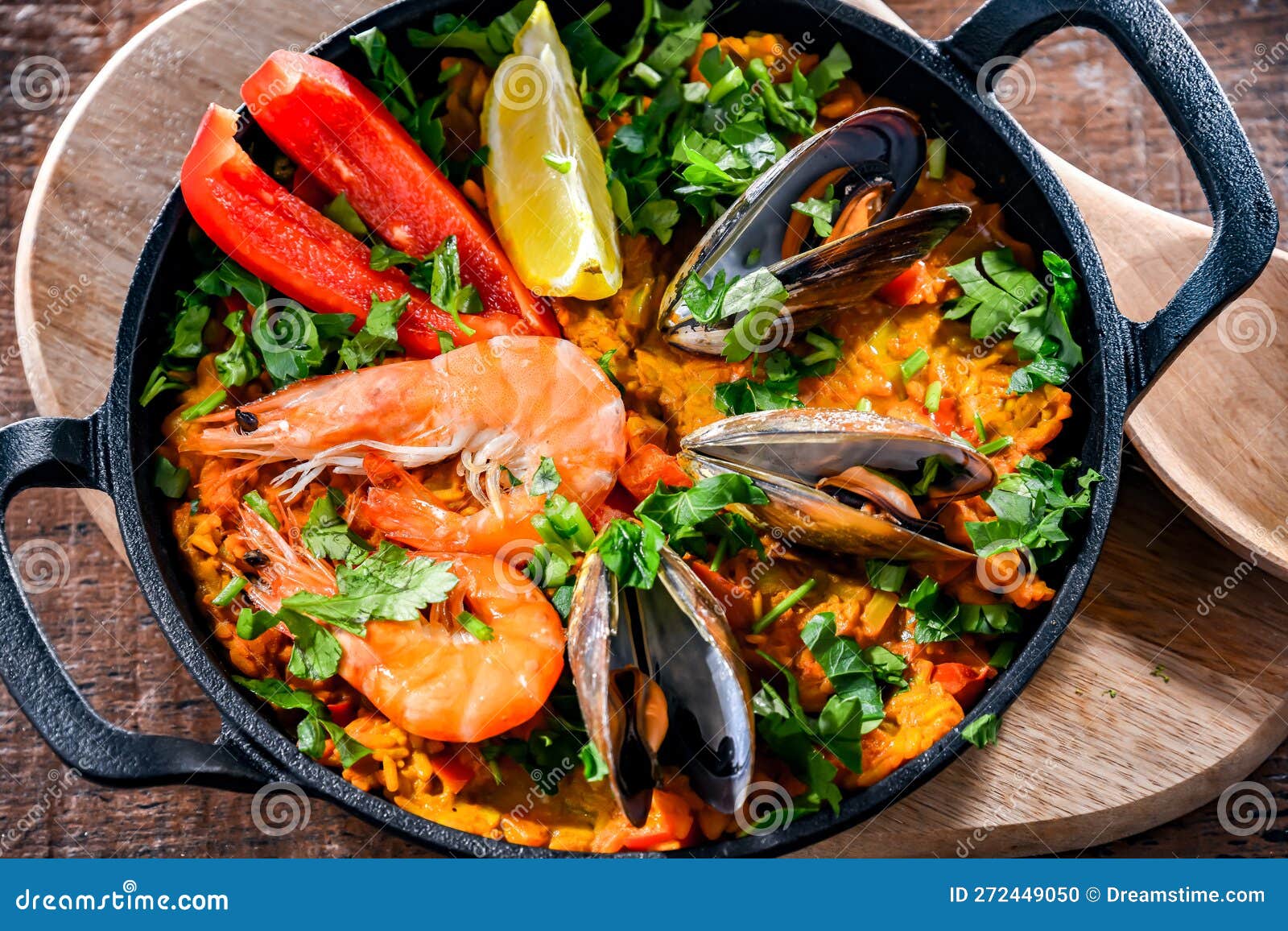 Seafood Paella Served in a Cast Iron Pan Stock Photo Image of