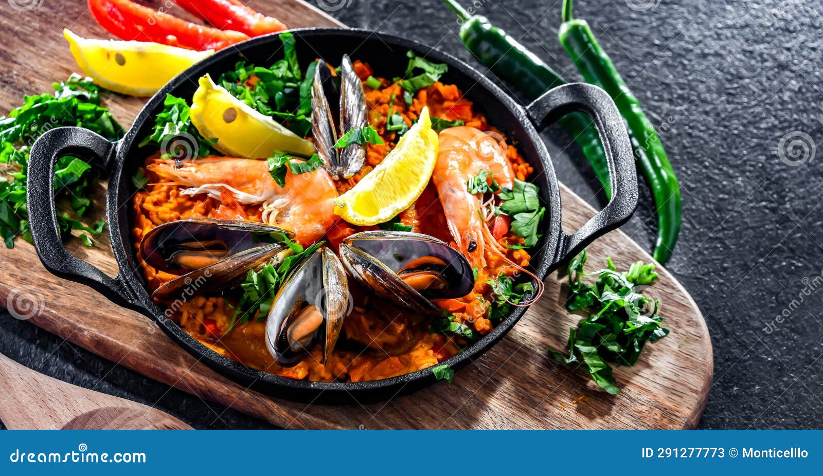 Seafood Paella Served in a Cast Iron Pan Stock Image Image of