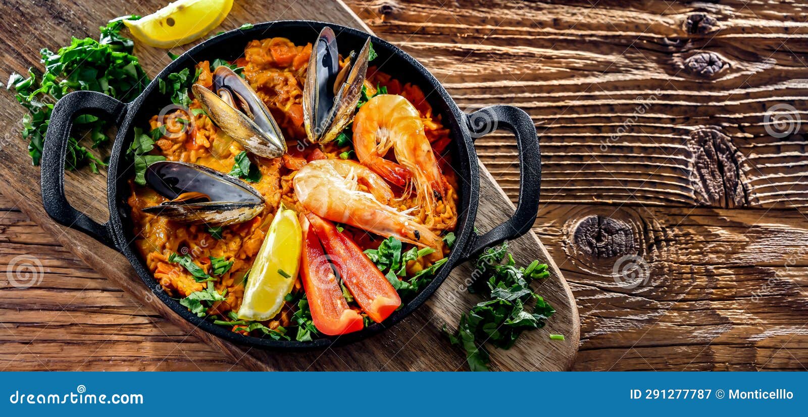 Seafood Paella Served in a Cast Iron Pan Stock Image Image of