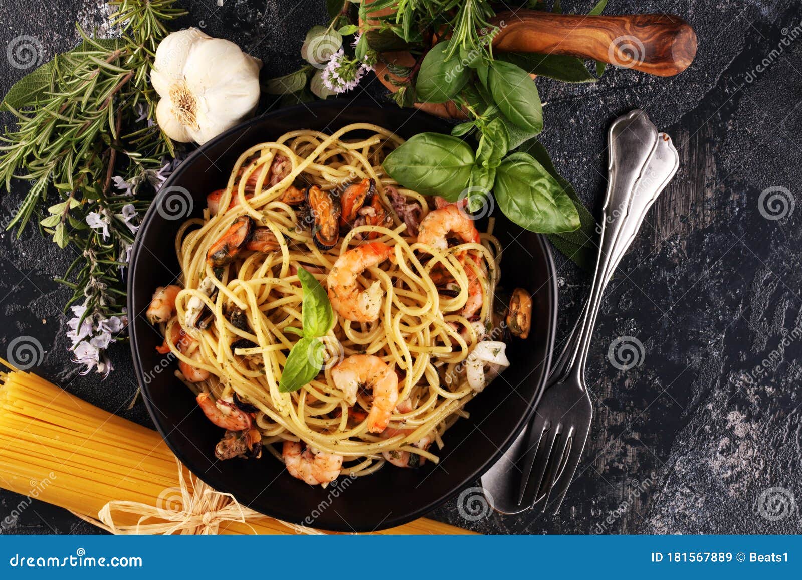 Seafood Pasta. Dish with Mediterranean Frutti Di Mare on Table Stock ...