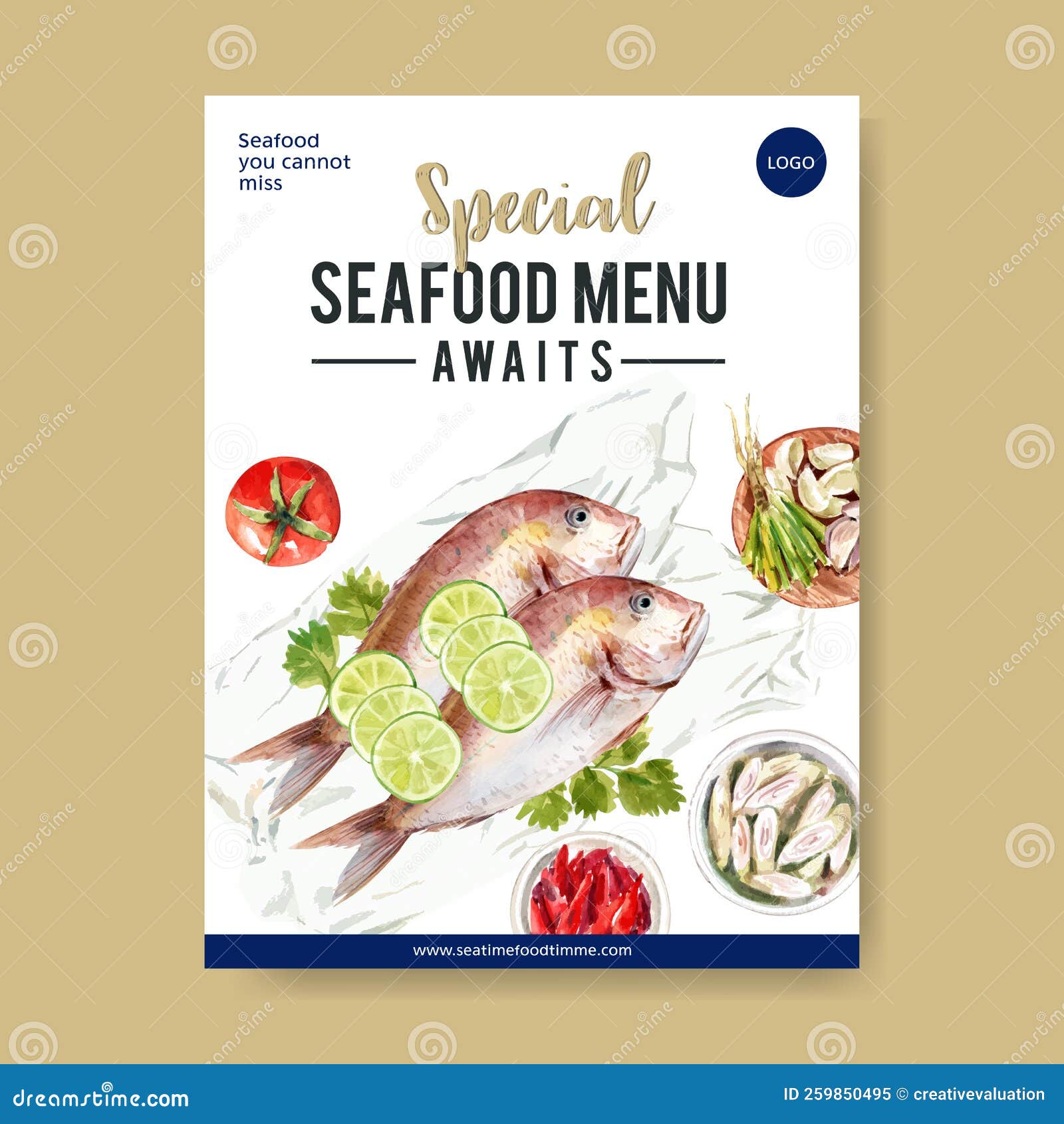 Seafood Poster Design with Snapper Illustration Watercolor Stock ...