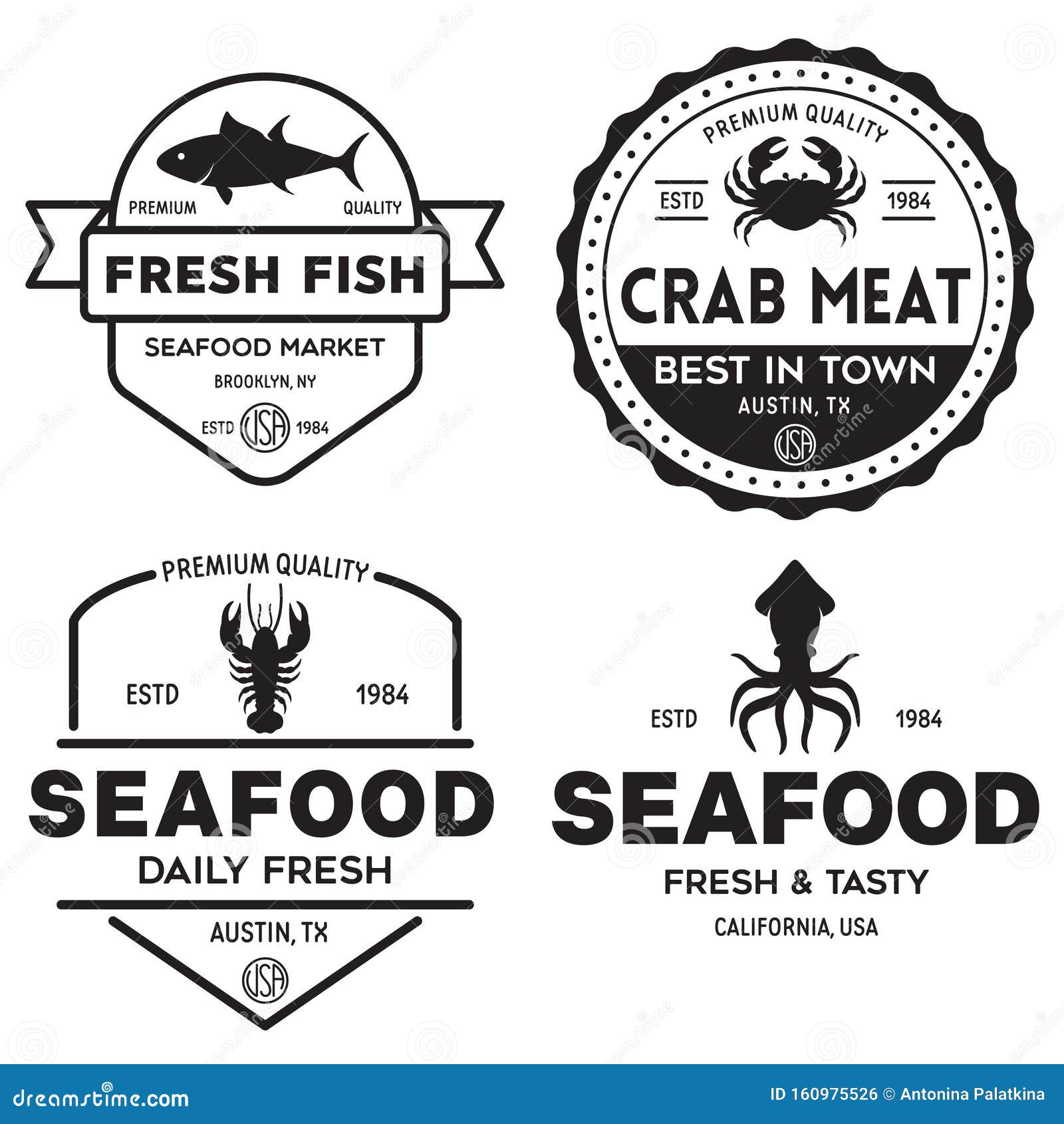 Seafood Restaurant Logos Set Vector Illustration Market And