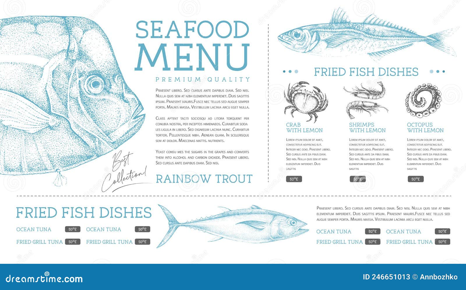 Seafood Restaurant Menu Design with Hand Drawing Fish. Stock Vector ...