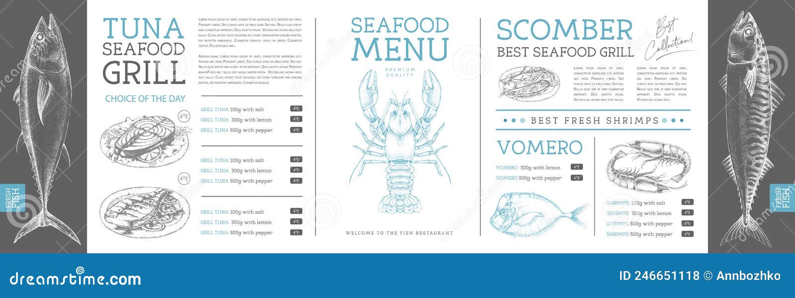 Seafood Restaurant Menu Design with Hand Drawing Fish. Stock Vector ...