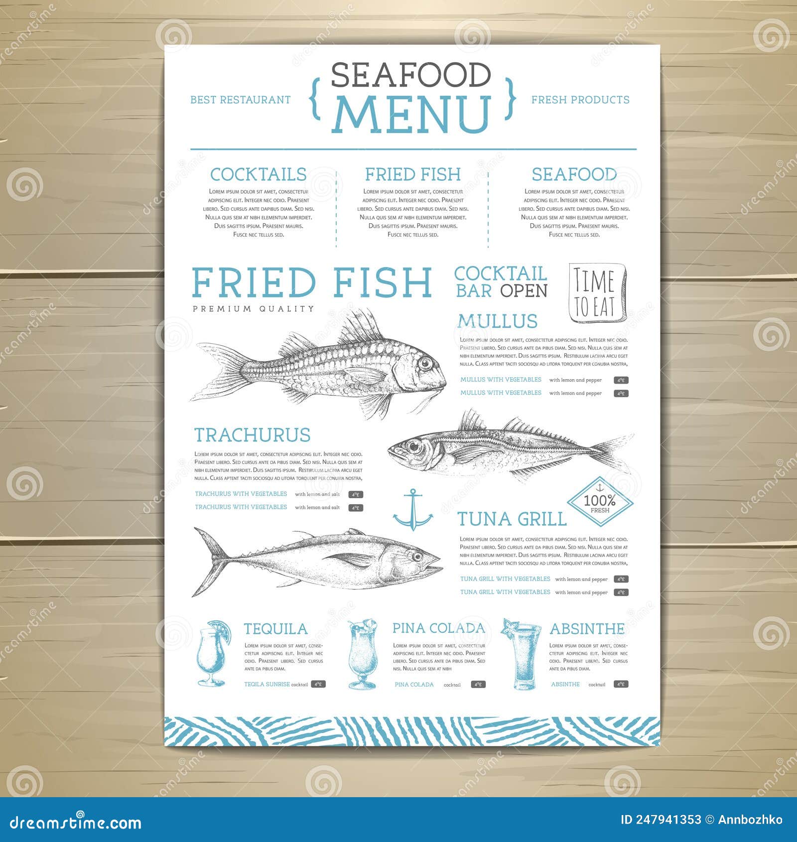 Seafood Restaurant Menu Design with Hand Drawing Fish. Stock Vector ...