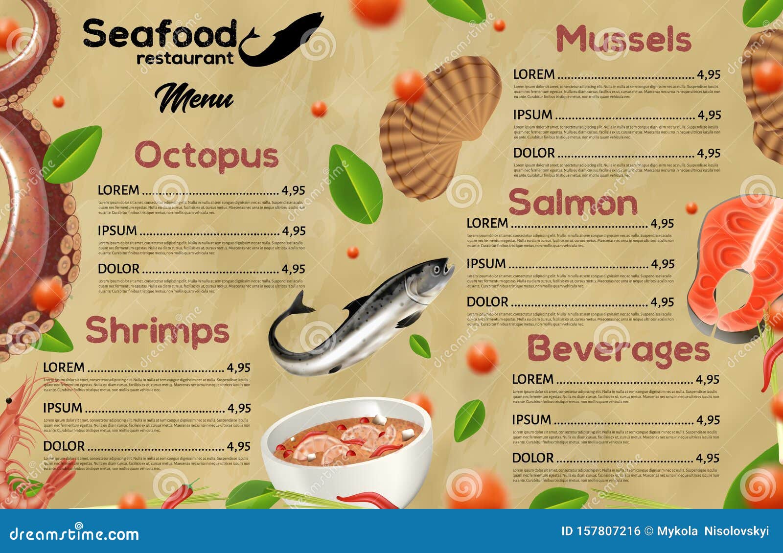 Seafood Restaurant Menu, Mediterranean Cuisine Stock Illustration