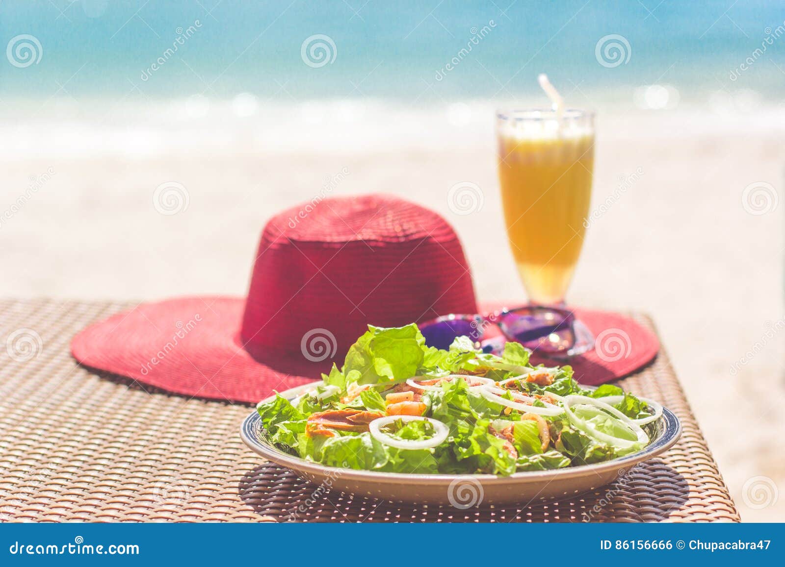 Seafood Salad, Orange Fresh Juice, Hat And Sunglasses On ...
