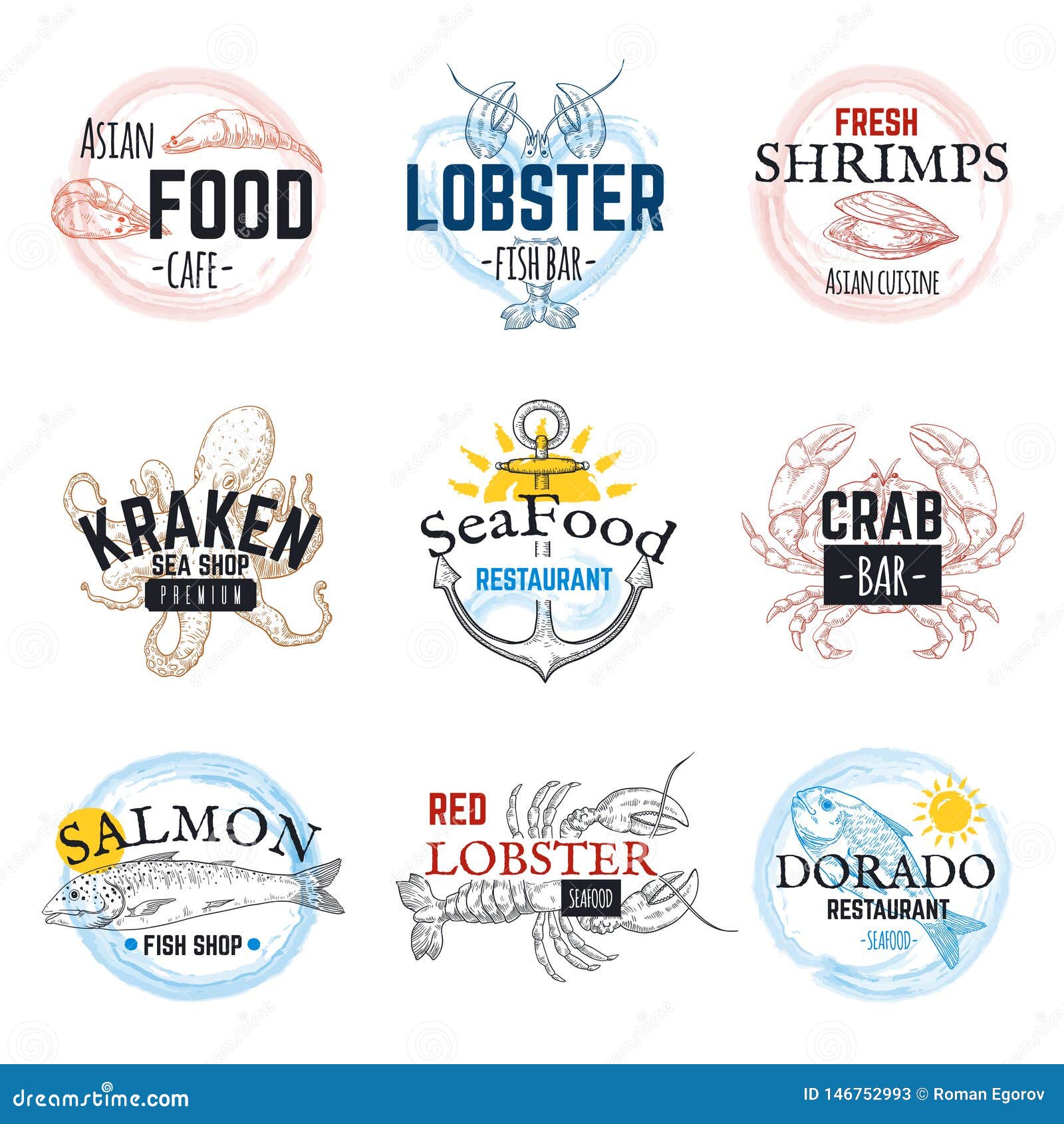 seafood sketch logos. vintage hand drawn marine labels, salmon tuna squid and octopus emblem .  ocean food