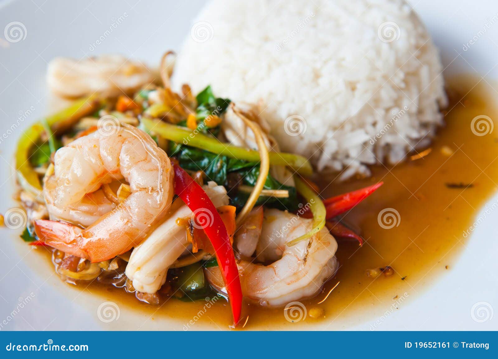 Seafood Spicy Stir-Fry with Rice Stock Image - Image of healthy