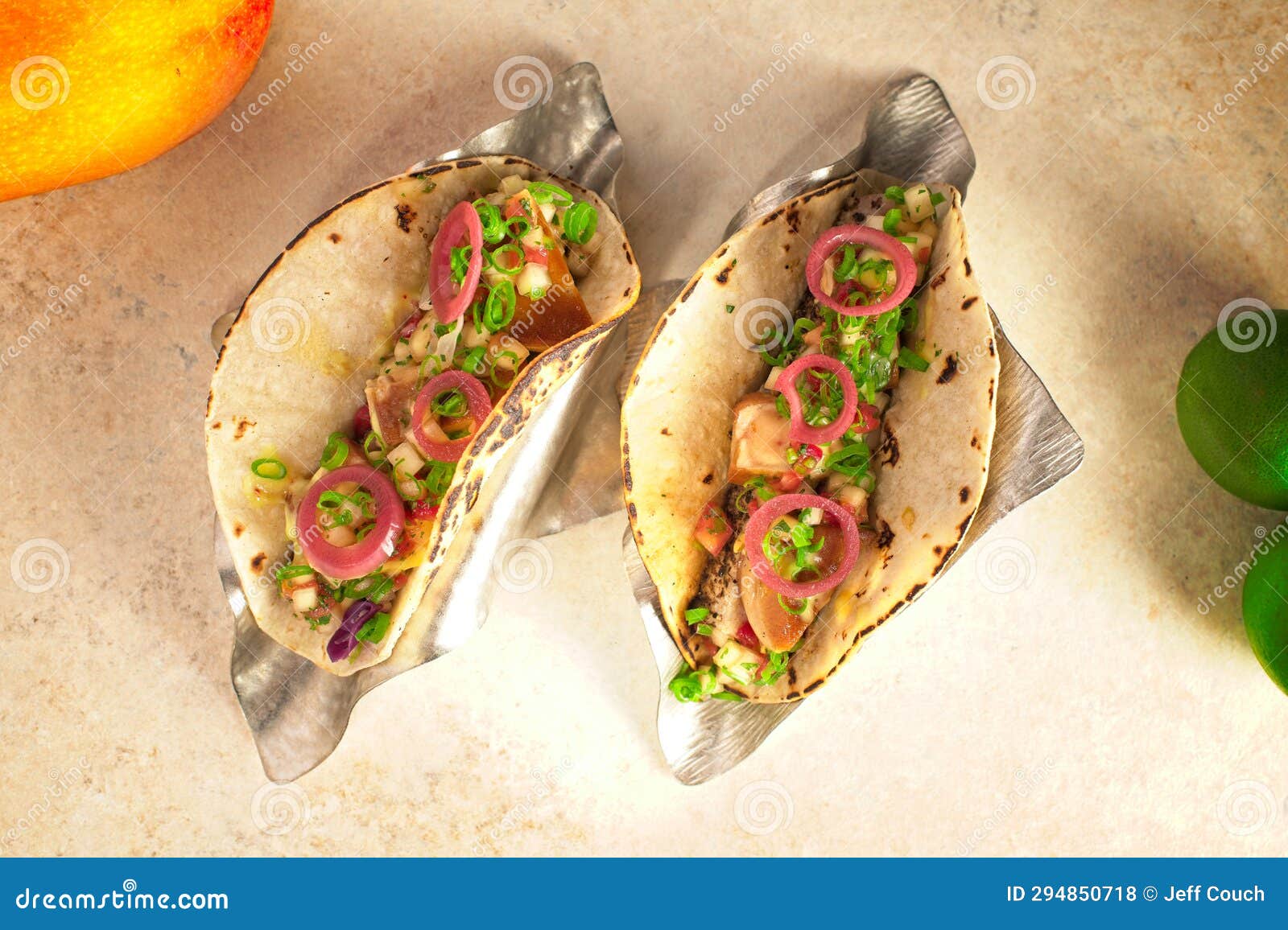 Seafood Tacos with Pickled Onions on Table Stock Photo Image of lime