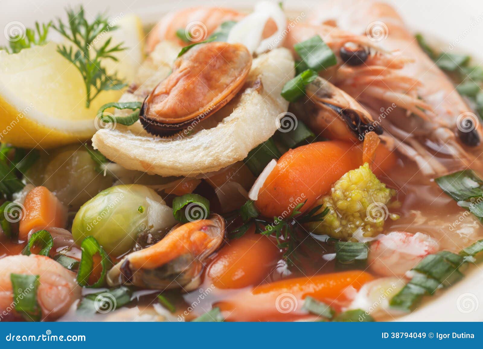 Seafood and vegetable soup stock image. Image of meat 38794049