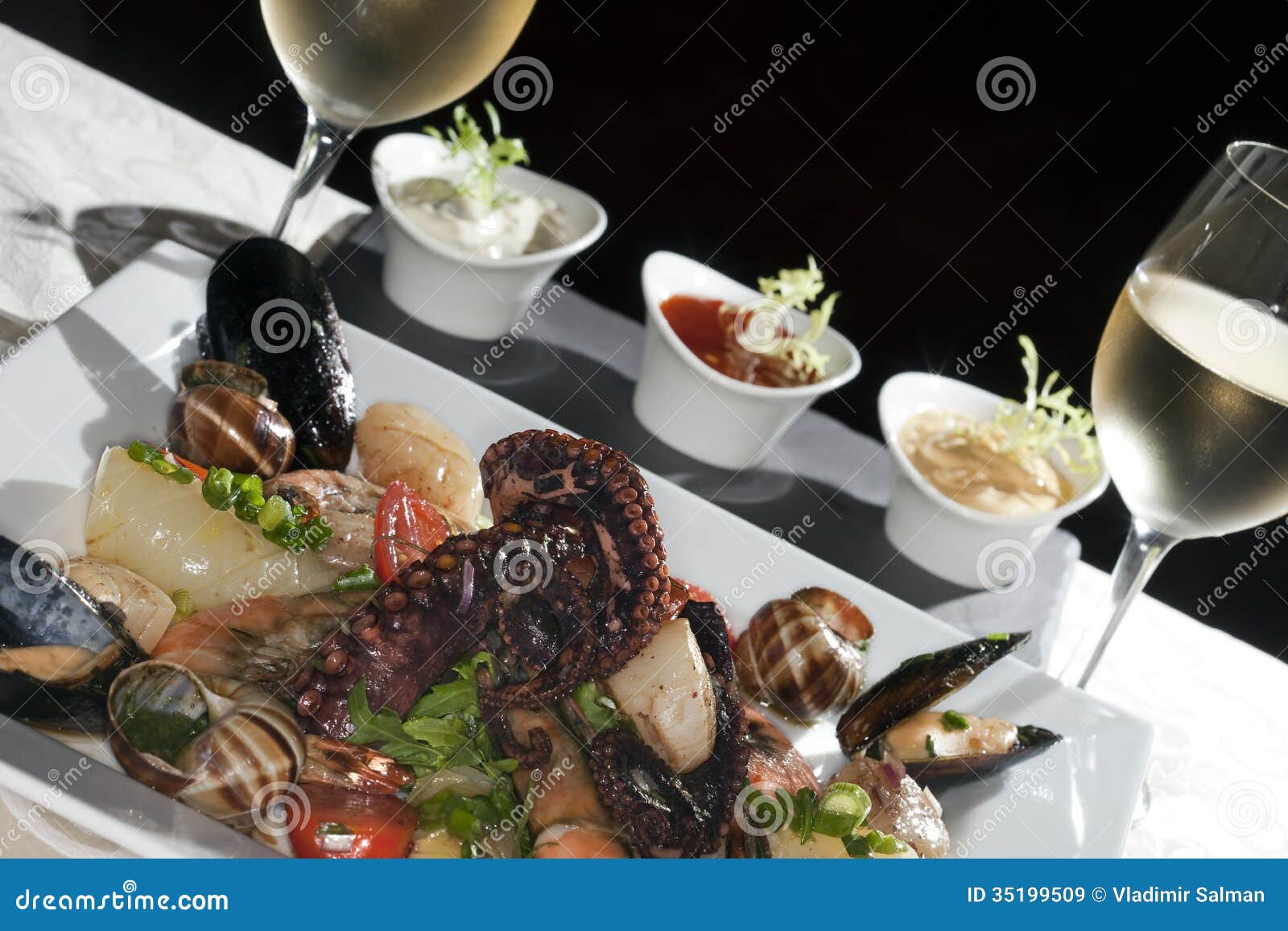 Seafood and white wine stock image. Image of green, cook 35199509