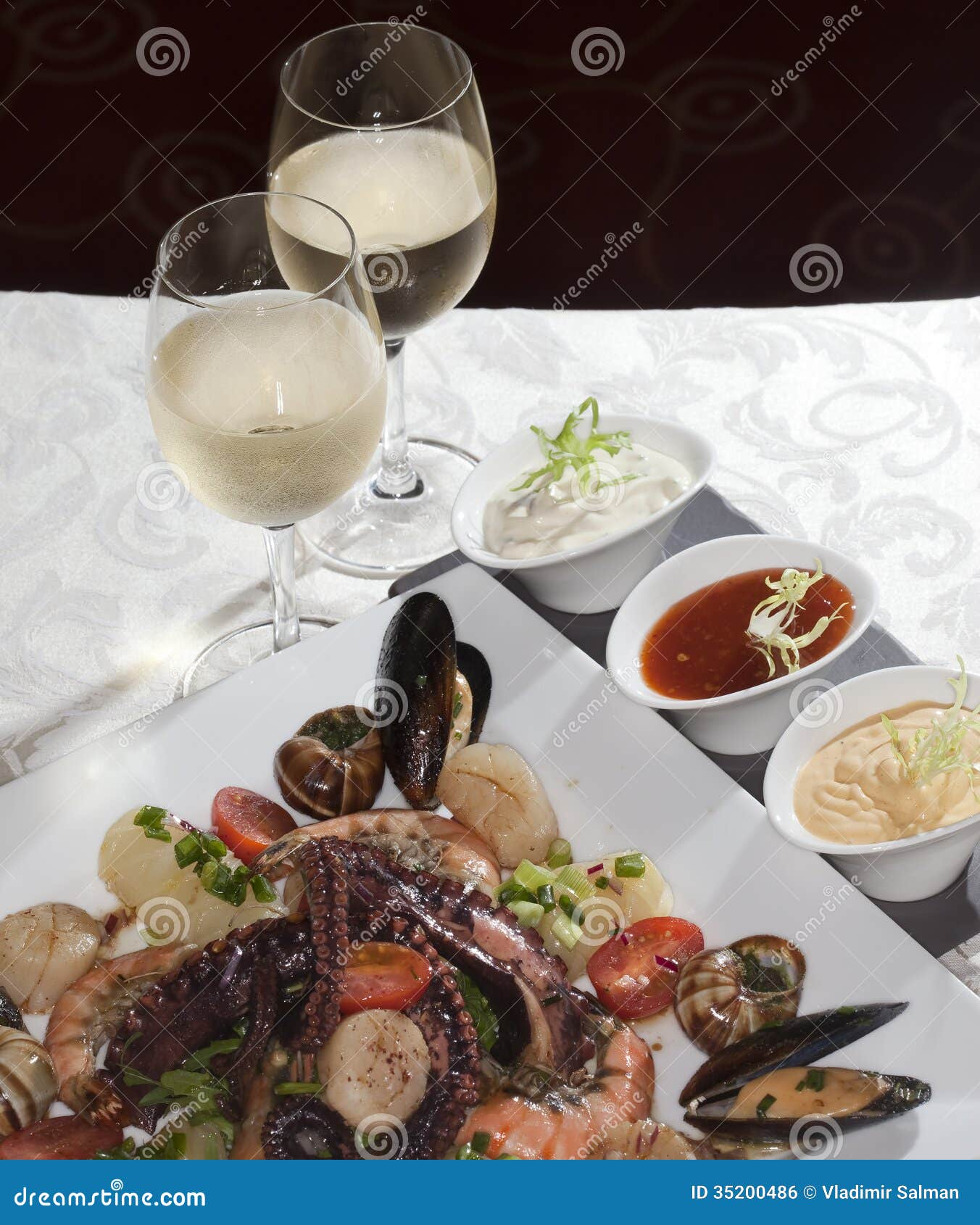 Seafood and white wine stock photo. Image of grilled 35200486