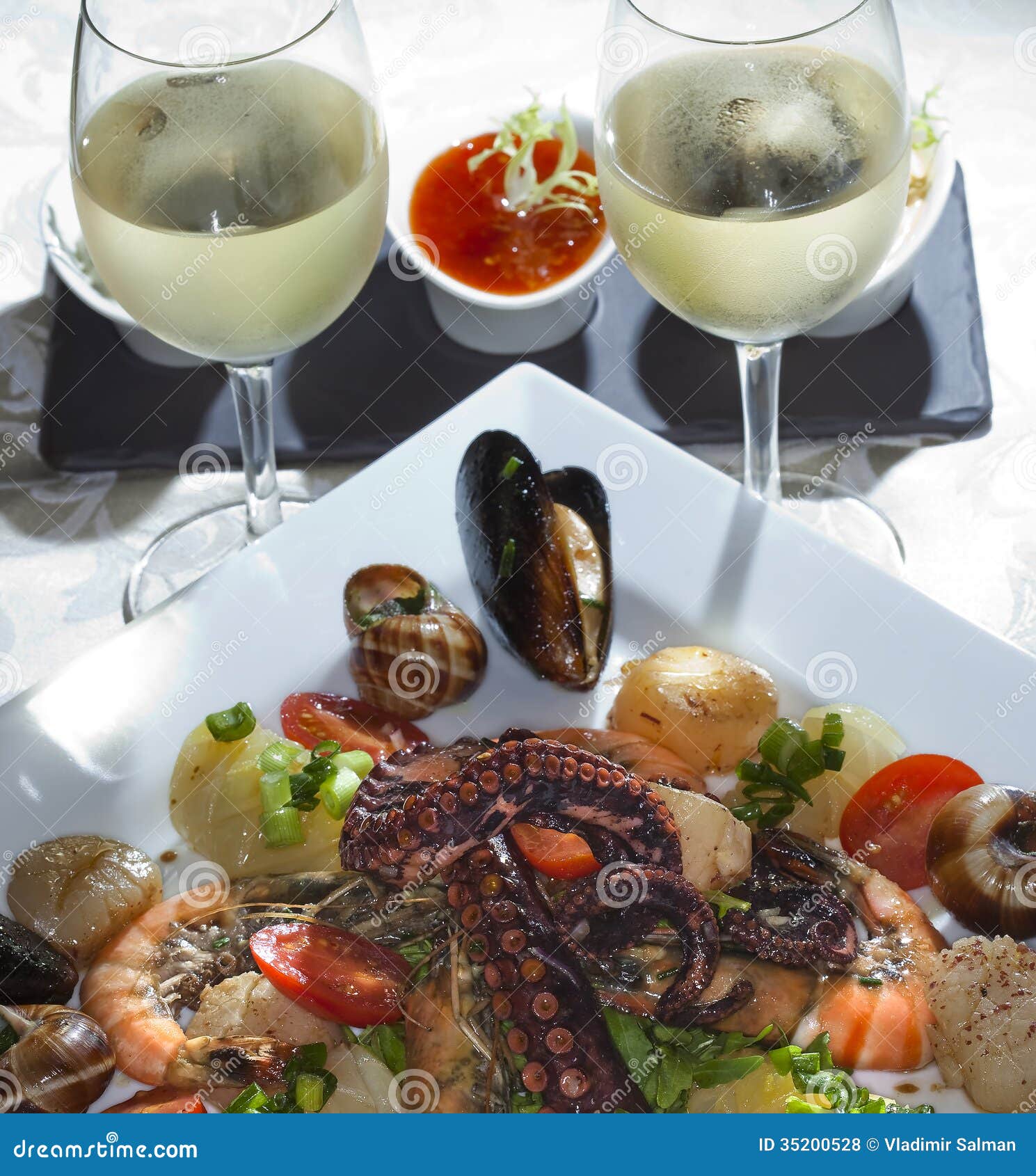 Seafood and white wine stock photo. Image of grilled 35200528