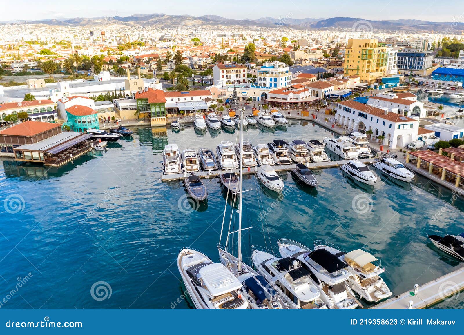 seafront cafes and restaurants in limassol marina, aerial view