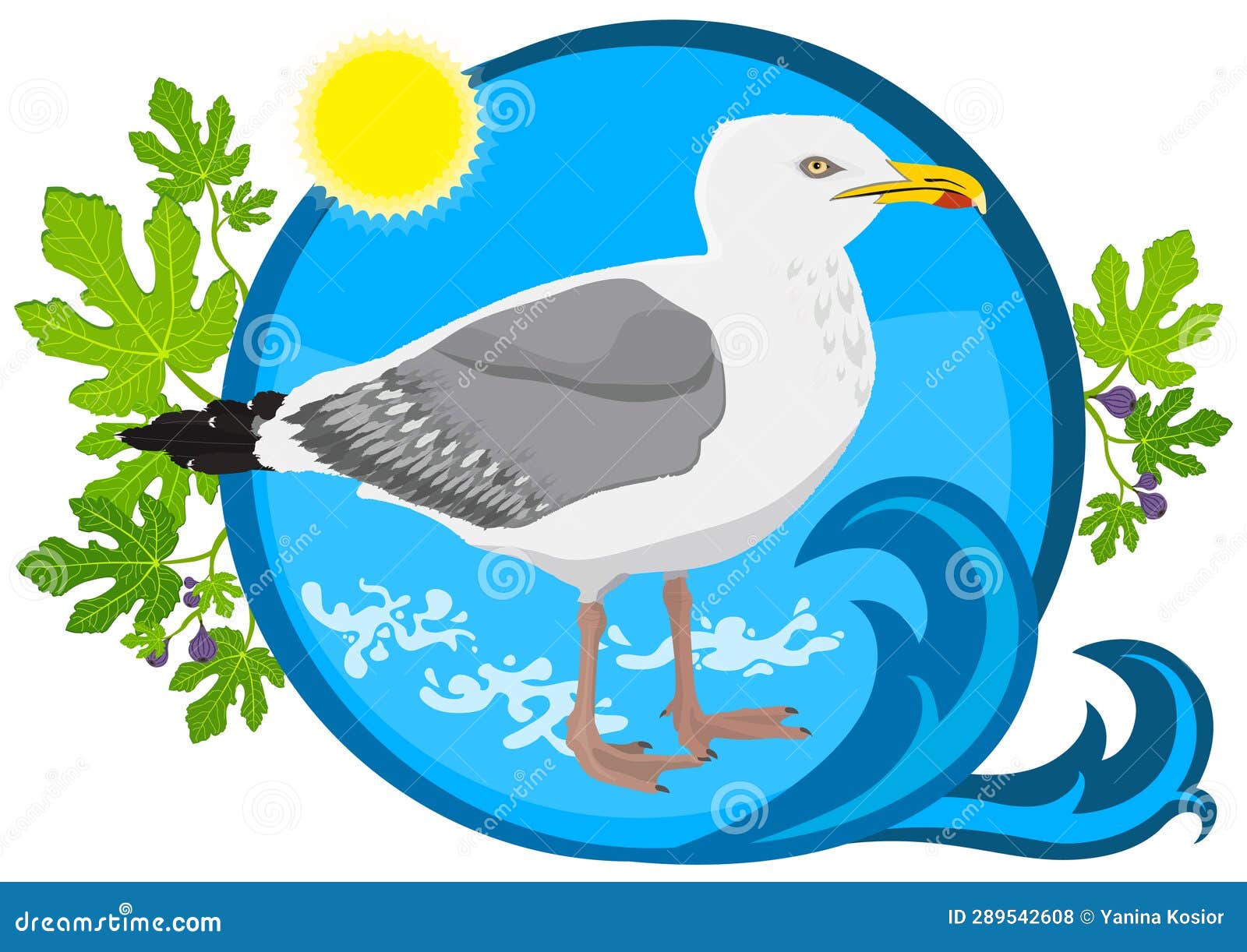 Seagull on the Blue Circle Background, Decorated with Sun, Waves & Fig