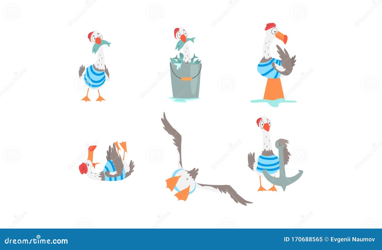seagull sailor in stripped vest collection, funny captain bird cartoon character in various actions  