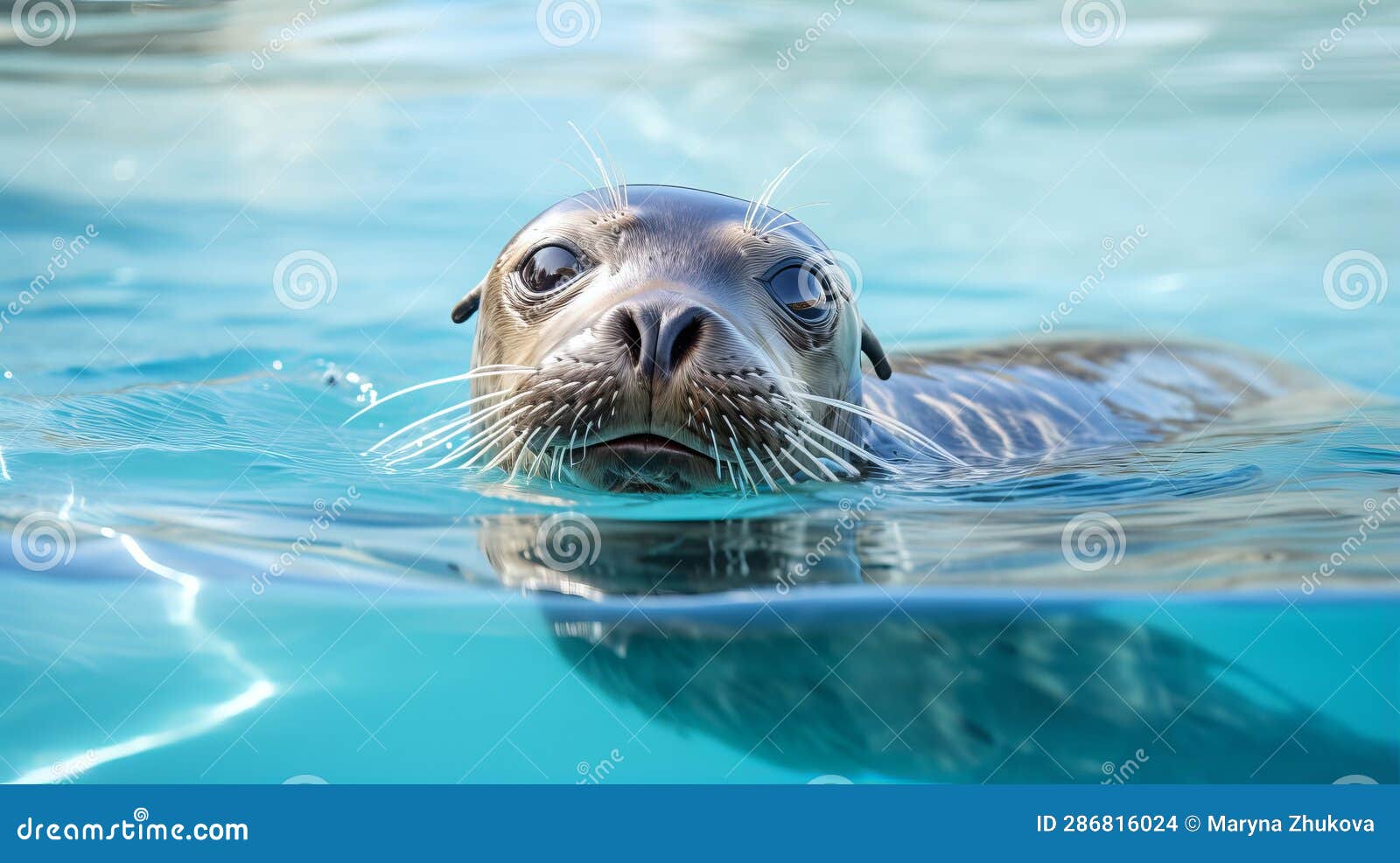 A Seal Swims In A Pool Of Clean Water, An Animal Of The Seal Family In ...