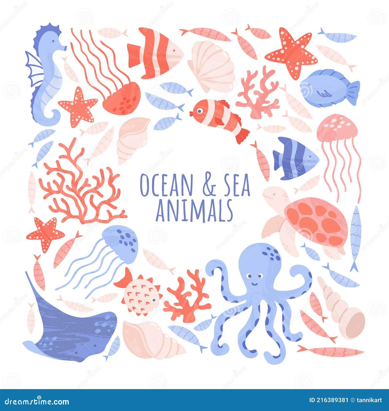 Sealife Creatures Arranged with Blank Space for Text. Pre-made Card or  Poster Design with Sea and Ocean Animals Stock Vector - Illustration of  cartoon, empty: 216389381