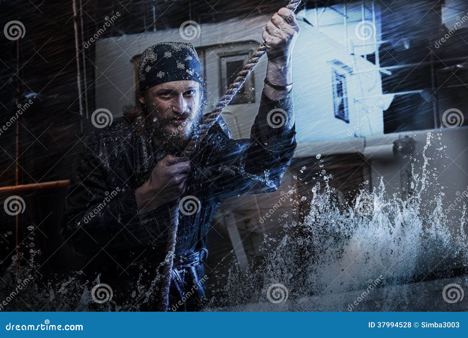 Seaman Pulling Rope in the Storm Stock Photo Image of male, power