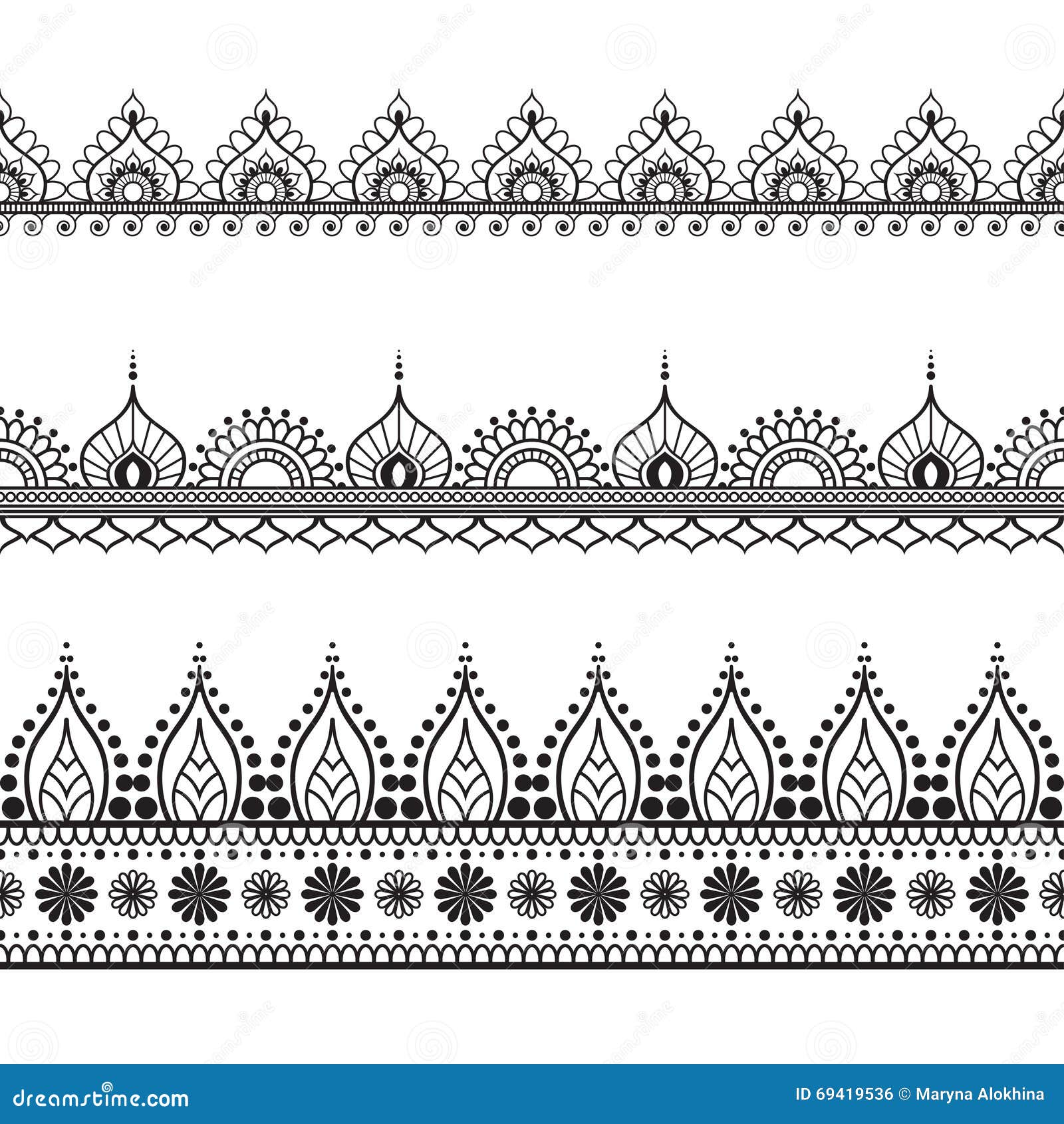 Seamles Border Pattern Elements with Flowers and Lace Lines in Indian ...