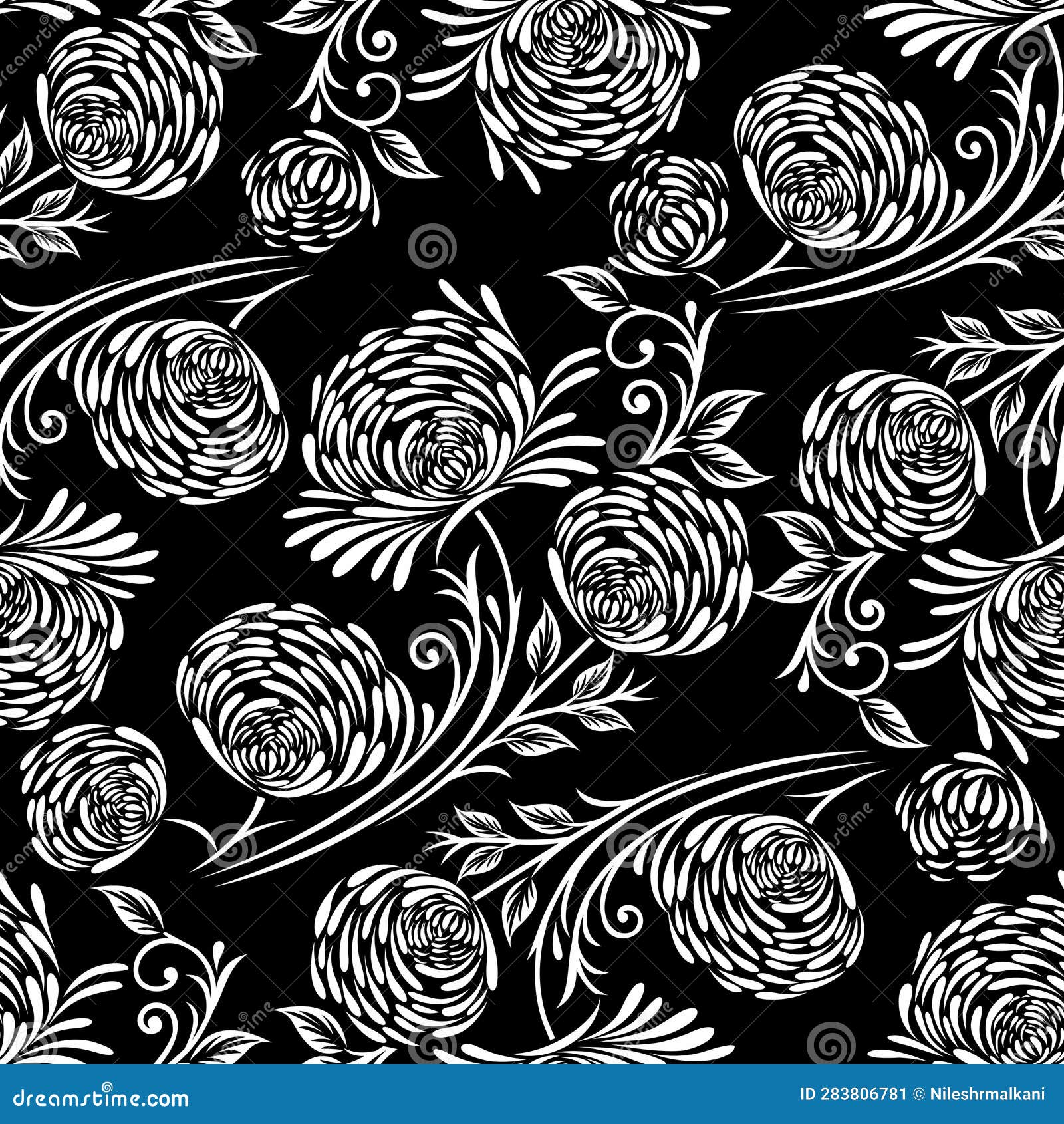 Seamless Abstract Black and White Rose Flower Pattern Stock Vector