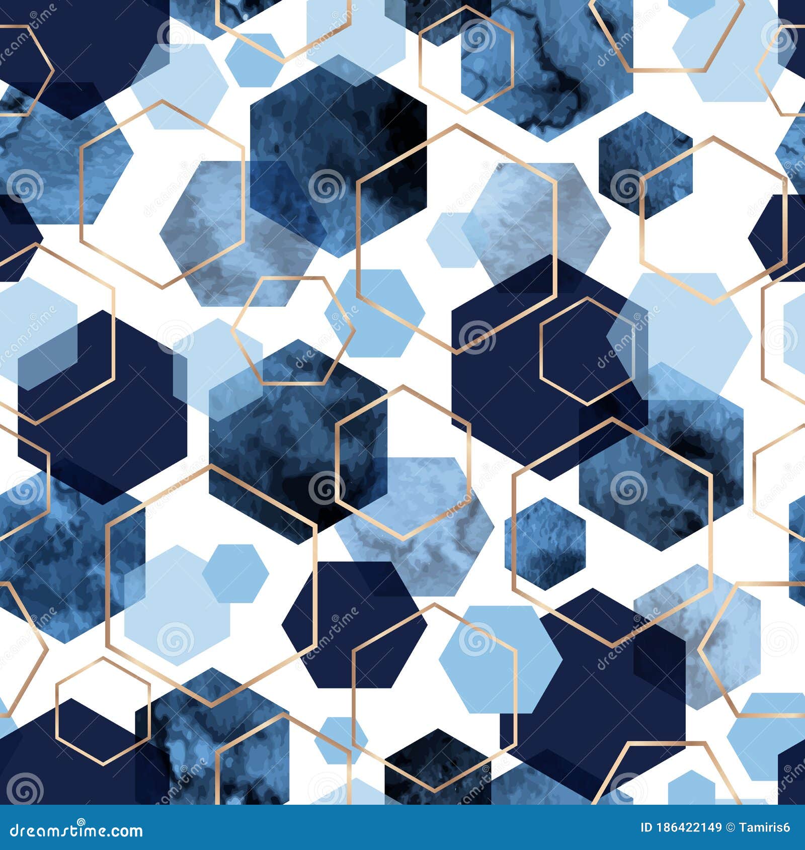 seamless abstract geometric pattern with gold foil outline and deep blue watercolor hexagons