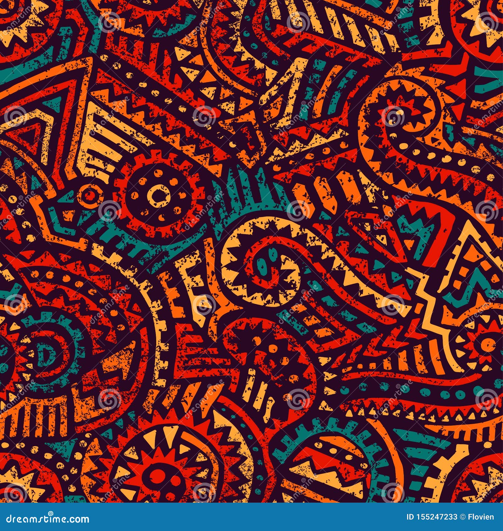 seamless african pattern. ethnic and tribal motifs. orange, red, yellow, blue and black colors. grunge texture. vintage print for