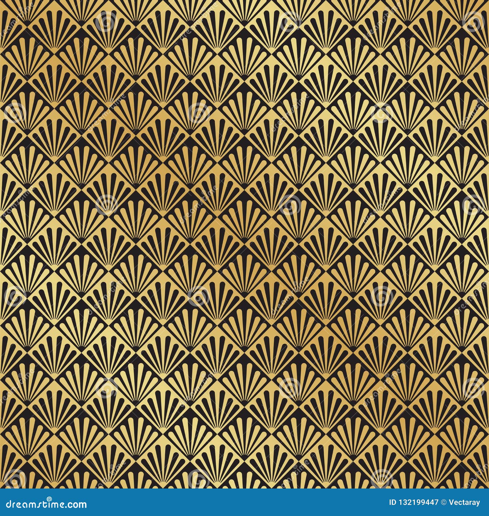 Seamless Art Deco Black and Gold Leaf Fan Pattern Background Stock ...