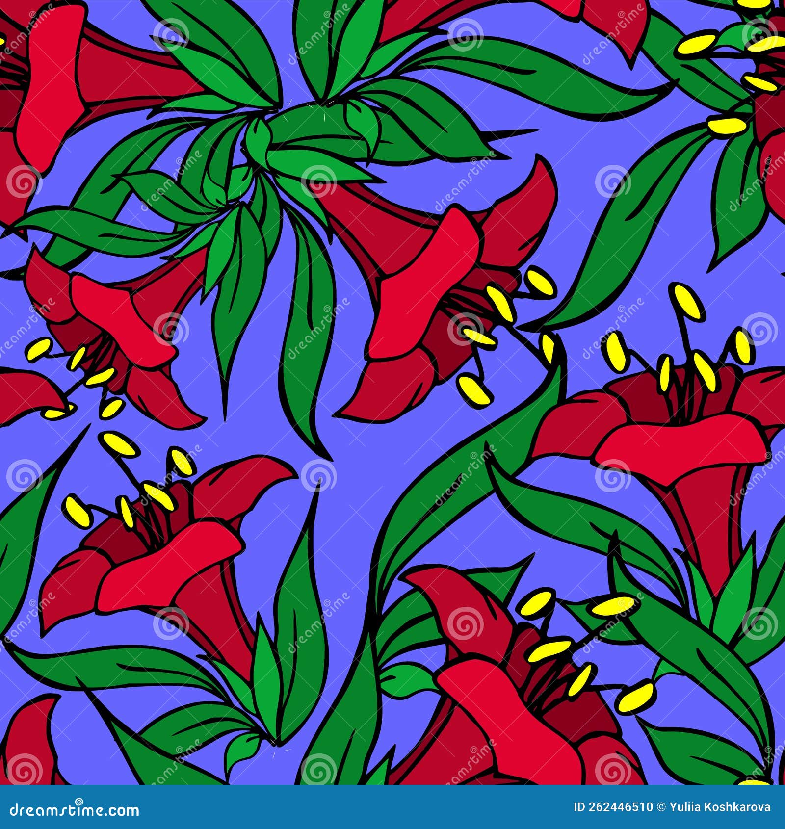 Seamless Asymmetric Graphic Pattern of Red Flowers on a Blue Background