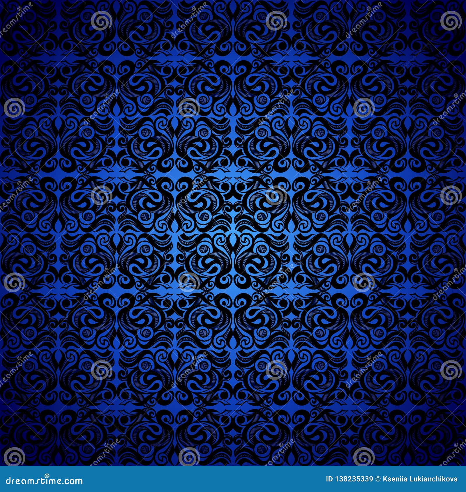 damascus, black seamless pattern, blue. neoclassic