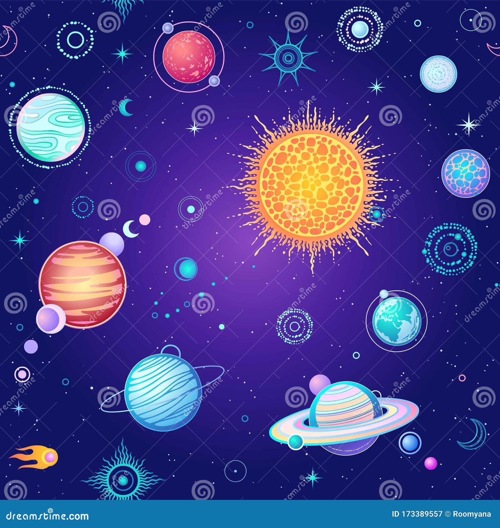 Seamless Background: Cartoon Planets of Solar System. Stock Vector -  Illustration of beautiful, animation: 173389557