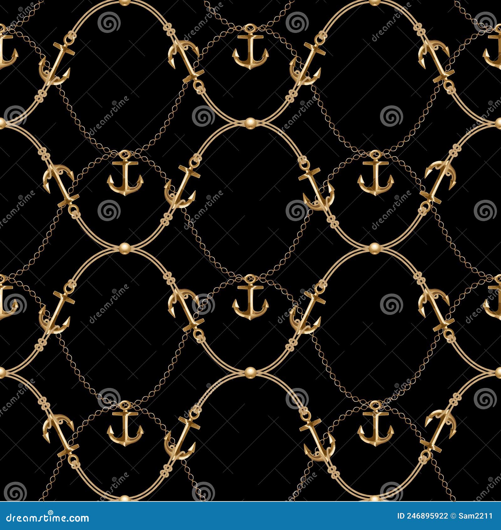 seamless pattern with gold chains, anchors, rope, grid.